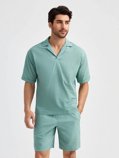 

men solid lapel neck drop shoulder & shorts j1tt#, Gray