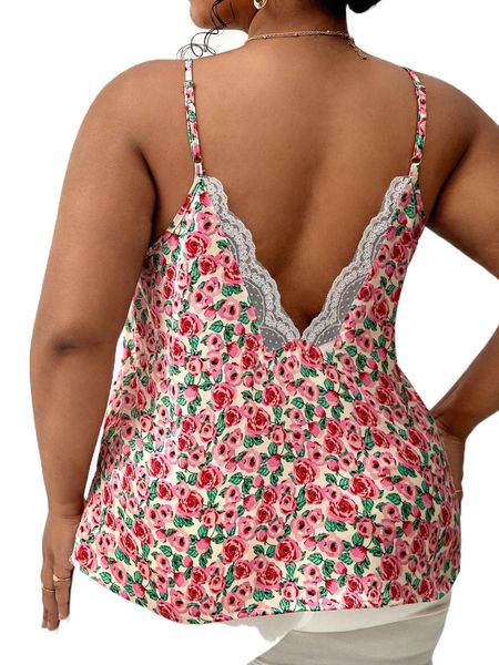 

plus allover floral print contrast lace satin cami d6ws#, Black