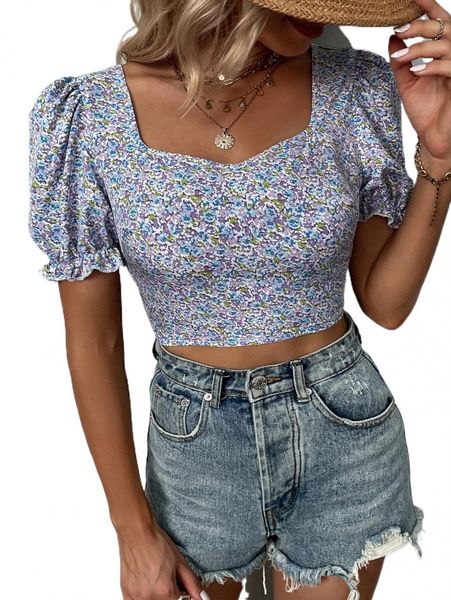 

ditsy floral print sweetheart neck crop blouse r9n0#, White