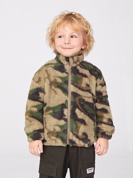 

toddler boys camo print drop shoulder zip up teddy jacket she, Blue;gray