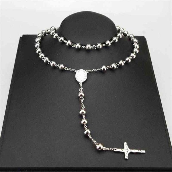 

8mm amumiu classic silver rosary beads chain cross religious catholic stainless steel necklace women's men's whole h221e