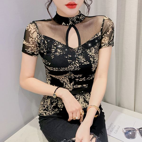 

summer diamond t shirt women fashion printed slim short-sleeved hollow out mesh shirt, White