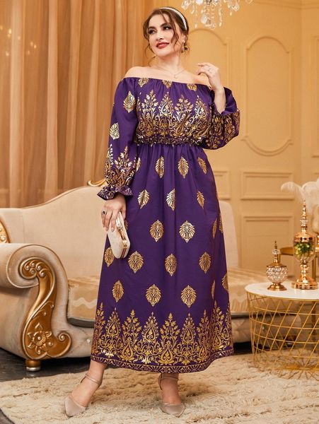 

plus gold damask print off shoulder flounce sleeve dress y79r#, Black