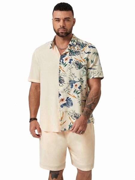 

extended sizes men tropical print shirt & shorts c621#, Gray