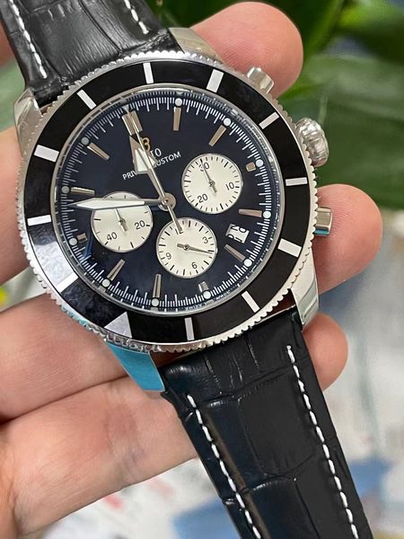 

mens quartz chronograph watch black blue leather rubber, Slivery;brown