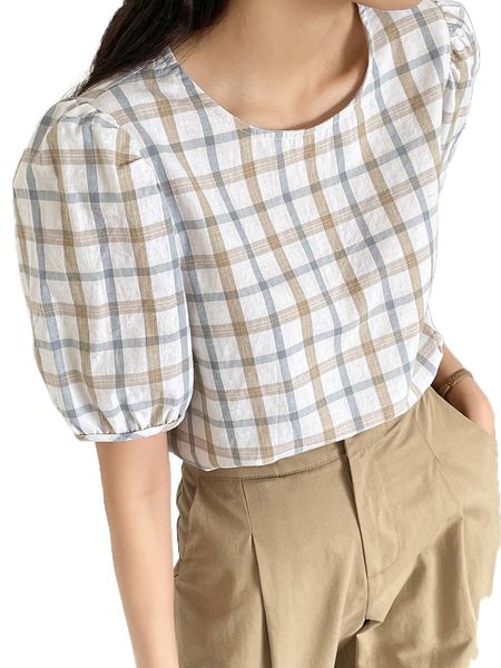 

dazy plaid print keyhole back puff sleeve blouse w2uu#, White