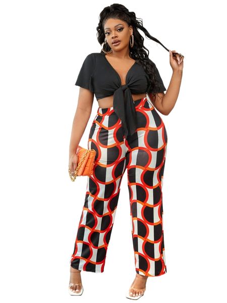 

sxy plus tie front crop tee & geo print wide leg pants y8sd#, Black