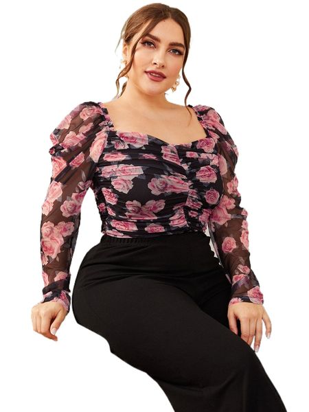 

floral print ruched floral mesh milkmaid t36c#, Black
