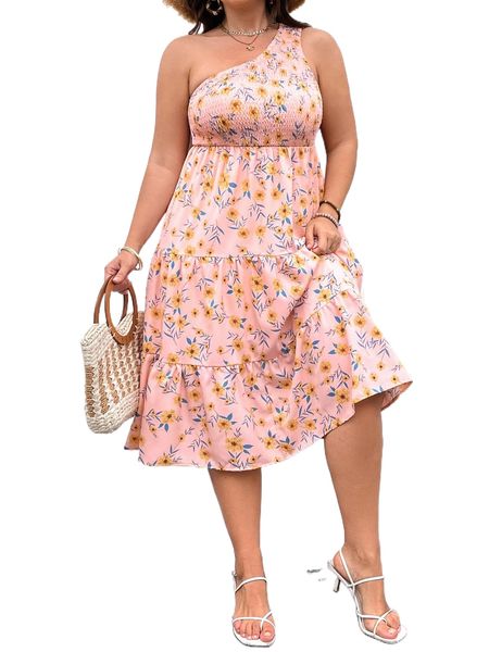

plus allover floral print one shoulder shirred ruffle hem dress u0k5#, Black