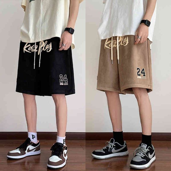 

men's shorts korean sweatpants fashion trend five point pants student trendy suede foam printing winter style, White;black