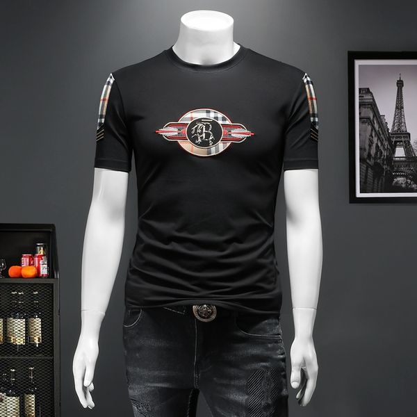 

2022 summer new men's embroidered mercerized cotton printed short-sleeved t-shirts simple european trend all-match round neck bottomin, White;black