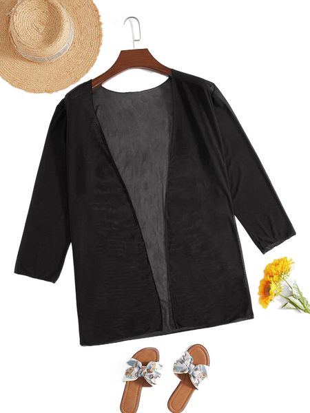 

plus solid open front kimono f7pz#, Black;gray
