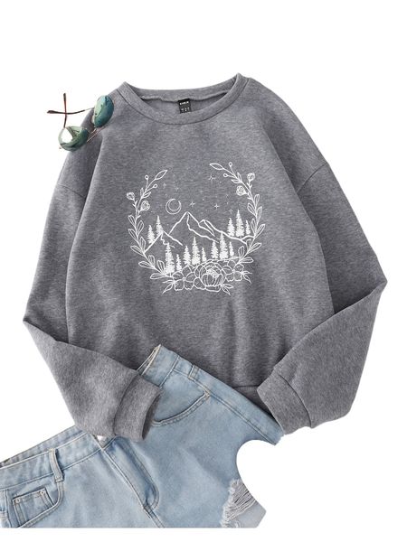 

mountain & floral print thermal lined sweatshirt b3w9#, Black