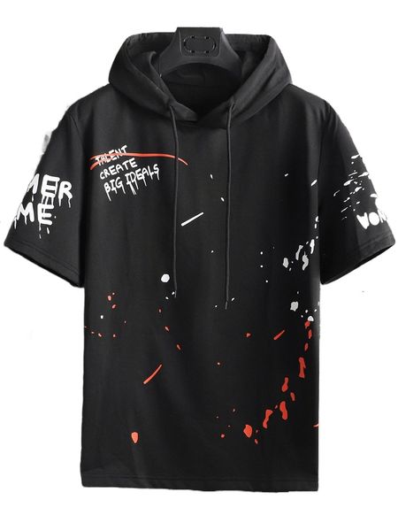 

men splash ink & letter graphic drawstring hooded tee s0s4#, White;black