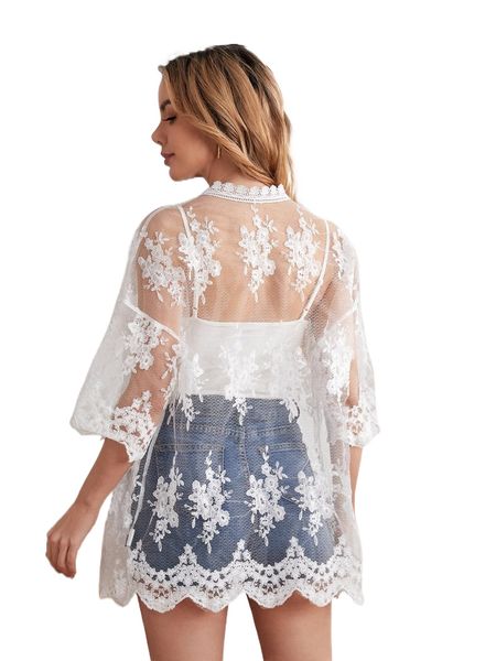 

lace trim embroidery sheer kimono p0iw#, White;black