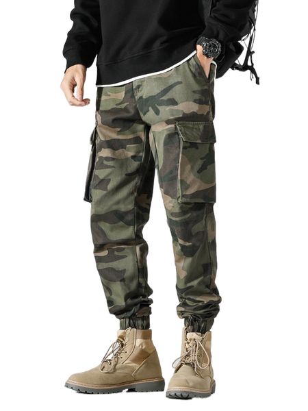 

men camo print flap pocket side cargo pants b7ra#, Black