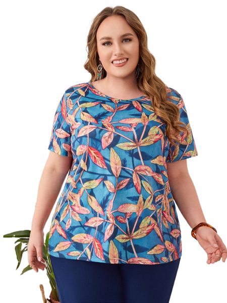 

emery rose plus leaves print tee p7mp#, Black