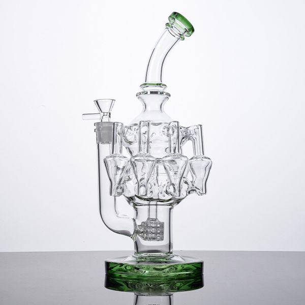 Na matriz de estoque, a recicladora de cachos de vidros exclusiva de polvo com articulação de 14 mm Bongus Bong Bong Bong Bong Bong Piges de água Dab Rig Rig Blue Amber Colors com tigela