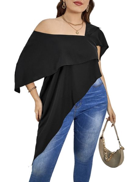 

plus asymmetrical neck irregular hem blouse f1va#, Black