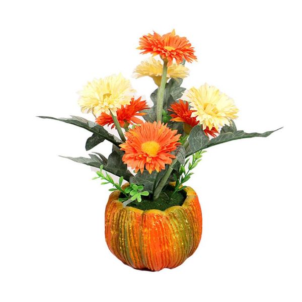 Dekorative Blumenkränze, seidiges künstliches Gänseblümchen, Metalltopf, Bonsai-Party, Hochzeit, Kürbis-Blumentopf mit Vase, dreifarbige Mutter-Chrysantheme