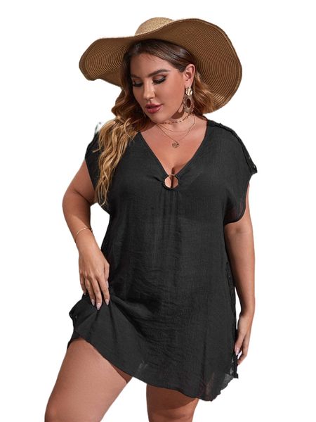 

plus o-ring detail batwing sleeve lace panel cover up dress e28e#, Black