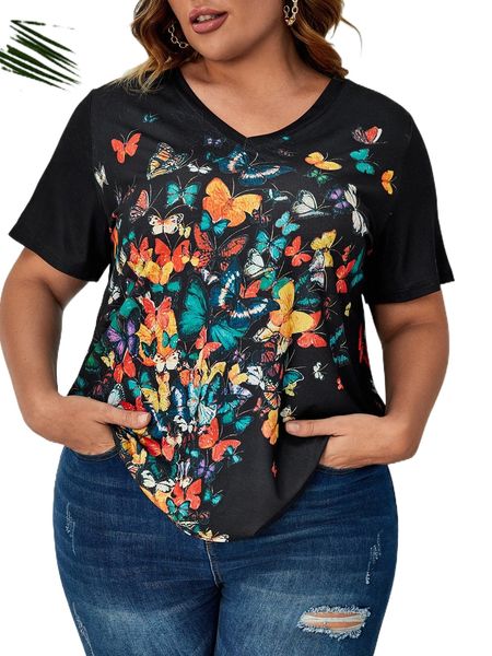

plus butterfly print tee f1ft#, Black