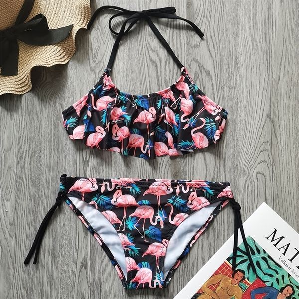 Flamingo Volant Mädchen Badeanzug Kinder 7–14 Jahre 2 Stück Kinder Bademode Neckholder Top Teenager Bikini Set 220426