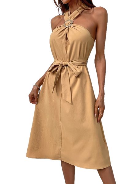 

ring linked tie backless belted halter dress j5wl#, Black;gray