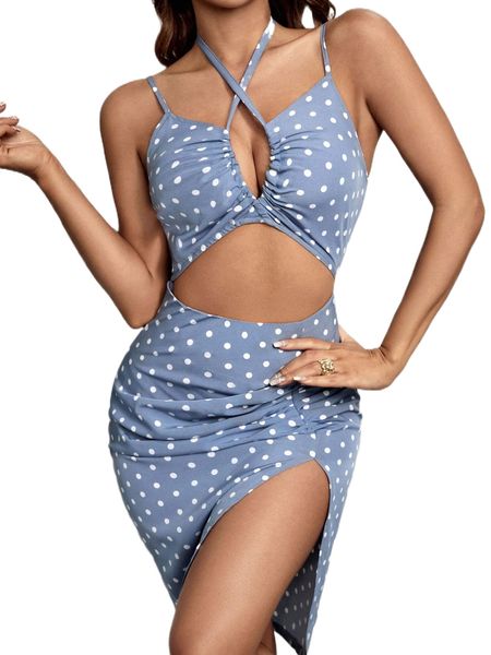 

p.olka d.ot c.ut o.ut w.aist s.plit hem d.ress i5fj#, Black;gray