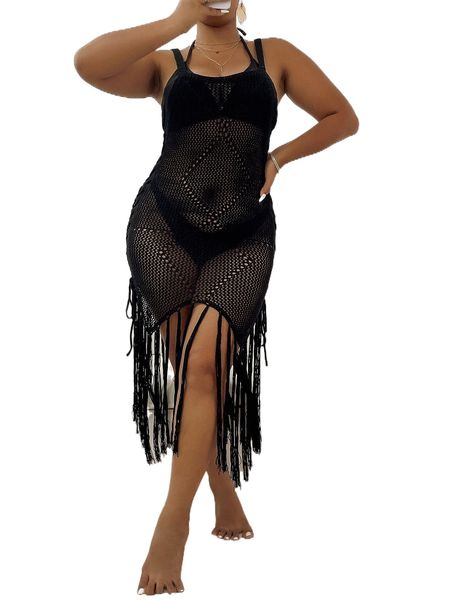 

plus fringe trim cover up dress without bikini o1zf#, Black