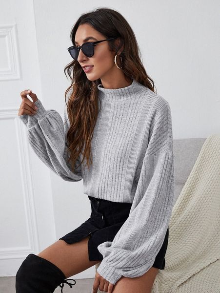 

funnel neck lantern sleeve rib-knit 39sl#, White