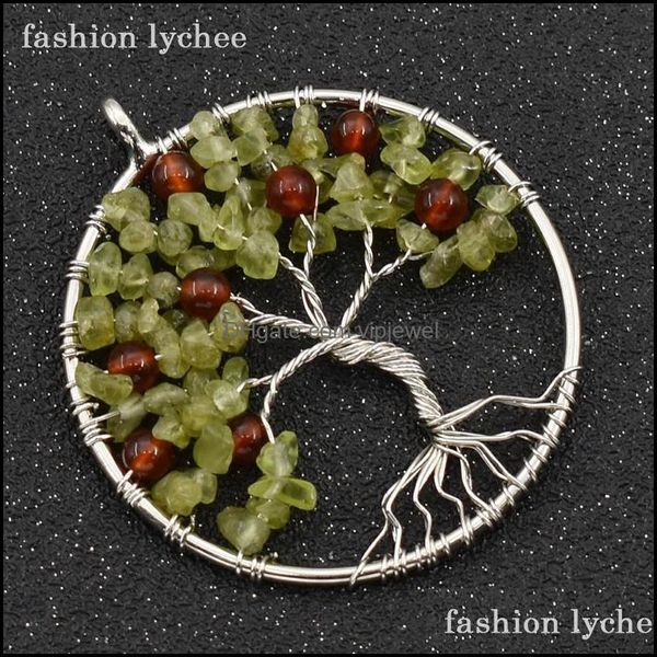 Charms Schmuck Erkenntnisse Komponenten Mode Lychee Naturstein Peridot Baum des Lebens Runde Für Frauen Halskette Diy Accessoriescharms Drop D