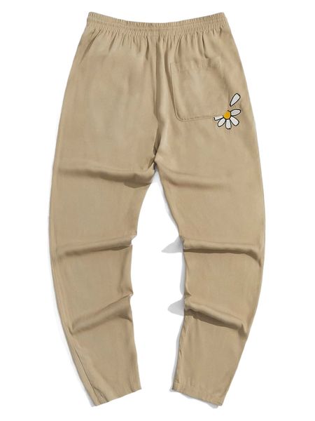 

men floral embroidery drawstring waist pants b10h#, Black
