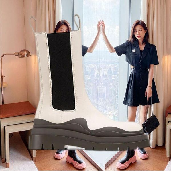 

two tone tire chelsea boots women platform chunky boot lady luxe design men calf desiger mid tube calfskin slip-on style round toe boots whi, Black