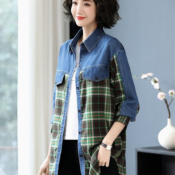 

women's blouses & shirts denim stitched plaid shirt women's spring and autumn 2022 medium long coat thin shirt foreign style mothe, White