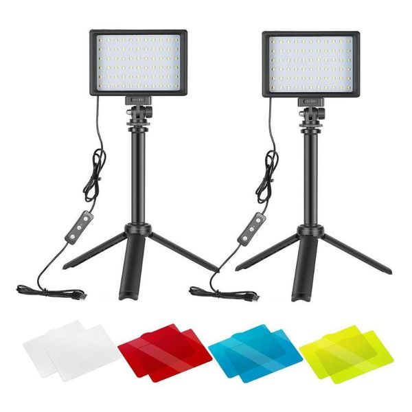 Полные тормы 2 комплекта Dimmable 5600K USB-светодиодный видео-светодиод с регулируемой подставкой для штатива и цветовыми фильтрами для настольной съемки с низким углом
