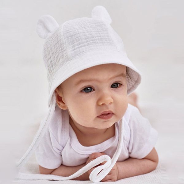 Baby Cotton Pot Cap Fit 3-12 mesi Summer Outdoor Beach Cappello da sole Traspirante Infant Girl Boy Soild Color Bucket Caps Cute Ears 220611