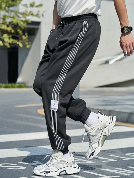 

men side stripe letter patched sweatpants 67pd#, Black