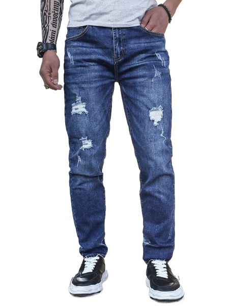 

men slant pocket ripped jeans a9x5#, Blue