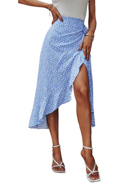 

ditsy floral print ruffle trim wrap skirt 05ue#, Black
