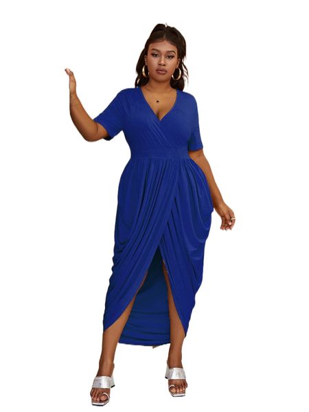 

plus surplice neck wrap hem dress l0xp#, Black
