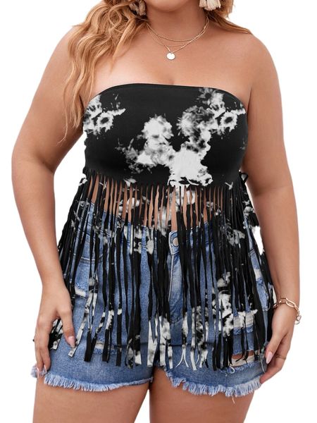 

plus tie dye fringe hem tube m7q7#, Black