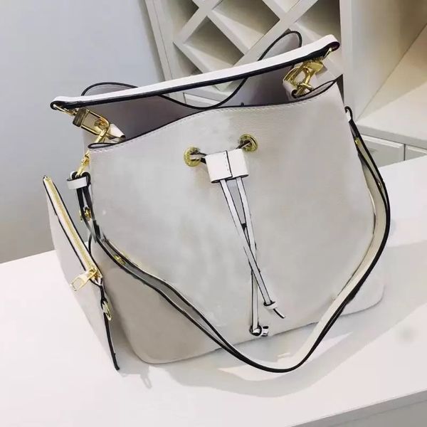 

fashion bucket bag women handbag purse drawstring shoulder crossbody bags classic letter old flower printed genuine leather handbags 1314, Black;red