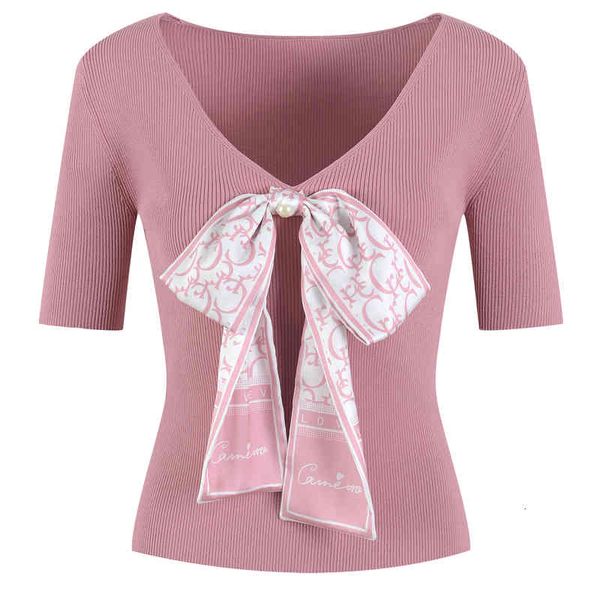 

women's knits tees black slim fitting knitwear women's clothing spring alphabet printed bow age reduced v-neck bottoming shirt mj7, White