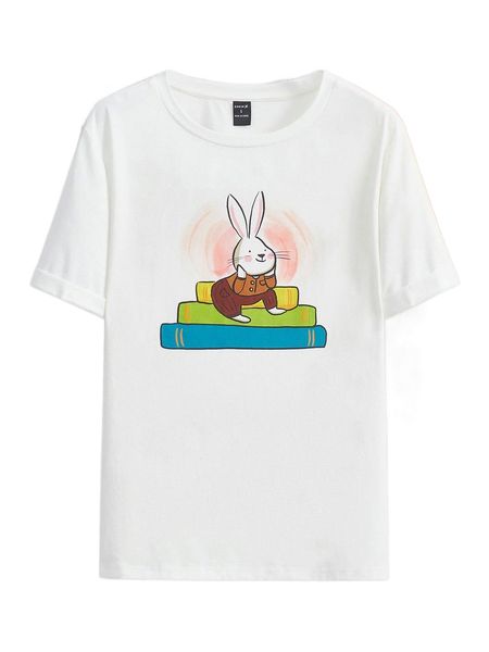 

x wonder doodles rabbit print round neck tee q0c3#, White