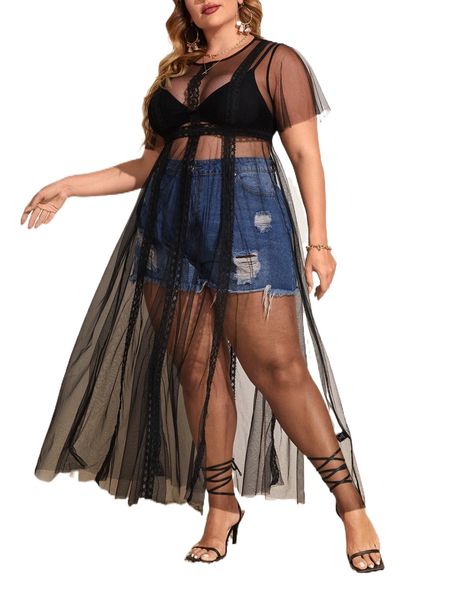 

plus lace detail sheer mesh overlay without bra l2ab#, Black
