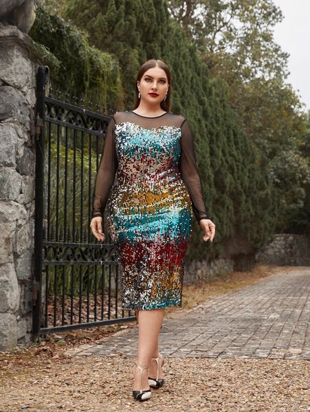 

plus mesh yoke sequins bodycon dress s9j9#, Black