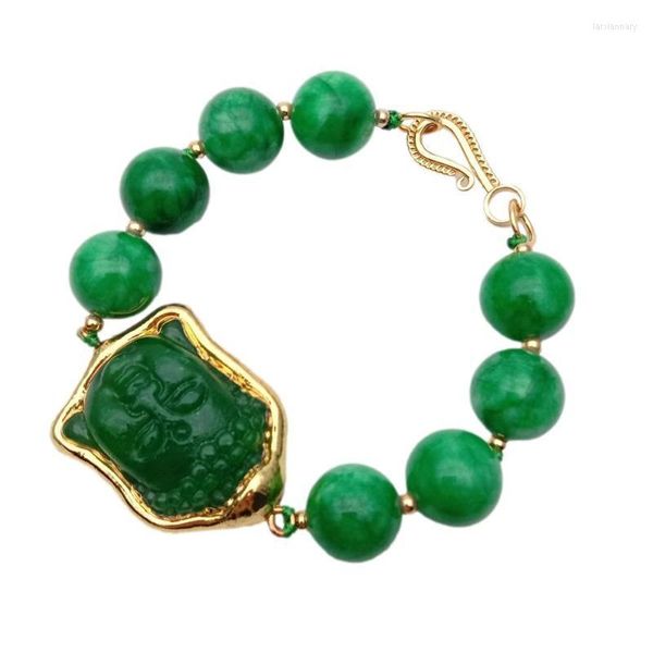 Fios de miçangas verdes jade buda esculpida pulseira de pulseiras Bracelets