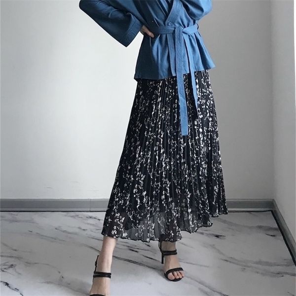 

women skirt temperament floral pleated skirt women long section fresh print skirt t200113, Black