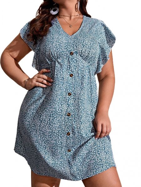 

plus ditsy floral button front dress h4kb#, Black